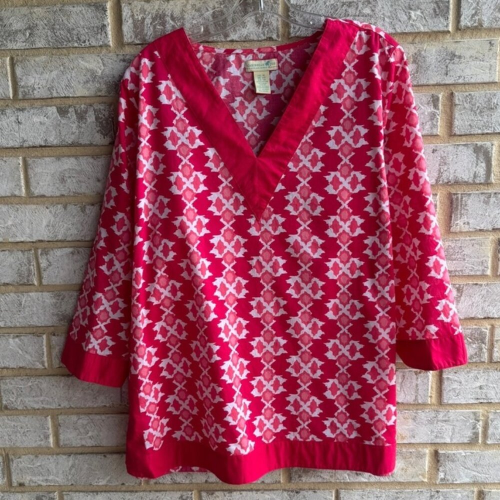 Caribbean Joe 3/4 Sleeve V-Neck Split Side Resort Vacay Tunic Blouse Size XL